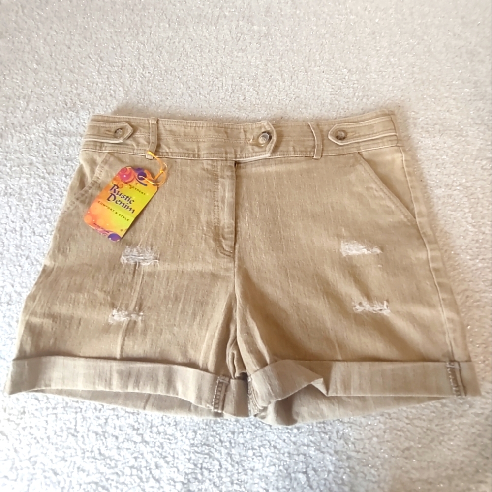 Rustic Denim Beige Distressed Shorts Women's 33" waist SZ 18